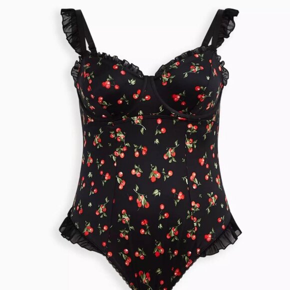 Torrid Bodysuit Satin Ruffle Underwired Built in Bra Cherries Black Plus Size 4X - Picture 1 of 13